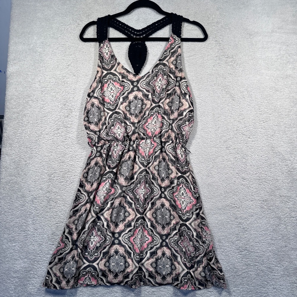 Vintage 90s Y2K Stooshy Dress Womens L Sleeveless Crochet Pink Black Made in USA
